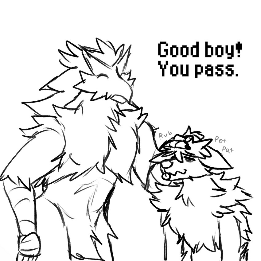 anthro duo good_boy male petting size_difference text tired_eyes tongue tongue_out sirdoomwolf nintendo pokemon arcanine blaziken generation_1_pokemon generation_3_pokemon pokemon_(species) 1:1 english_text monochrome