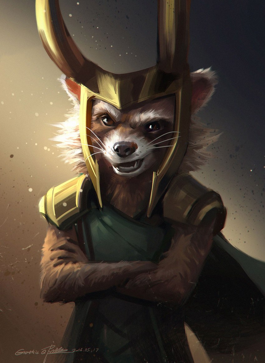 anthro armor biped black_lips brown_eyes brown_nose cape clothing crossed_arms fur green_clothing headgear helmet lips looking_at_viewer male open_mouth simple_background solo teeth topwear whiskers white_body white_fur gothicq guardians_of_the_galaxy marvel thor_(series) loki_(marvel) rocket_raccoon mammal procyonid raccoon 2018 dated digital_media_(artwork) hi_res signature