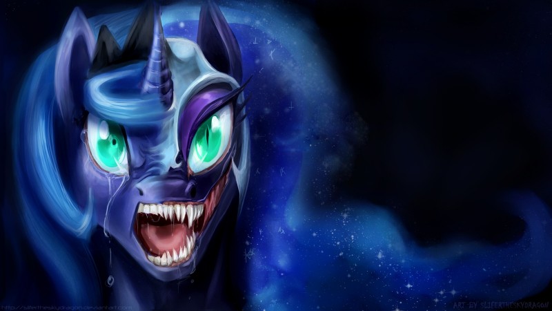 armor blue_hair bodily_fluids creepy crown crying duality fangs female green_eyes hair headgear helmet horn nightmare_fuel royalty sharp_teeth solo split_personality tears teeth tiara tongue transformation what what_has_magic_done slifertheskydragon friendship_is_magic hasbro my_little_pony nightmare_moon_(mlp) princess_luna_(mlp) equid equine horse mammal pony 16:9 2013 bust_portrait hi_res portrait widescreen