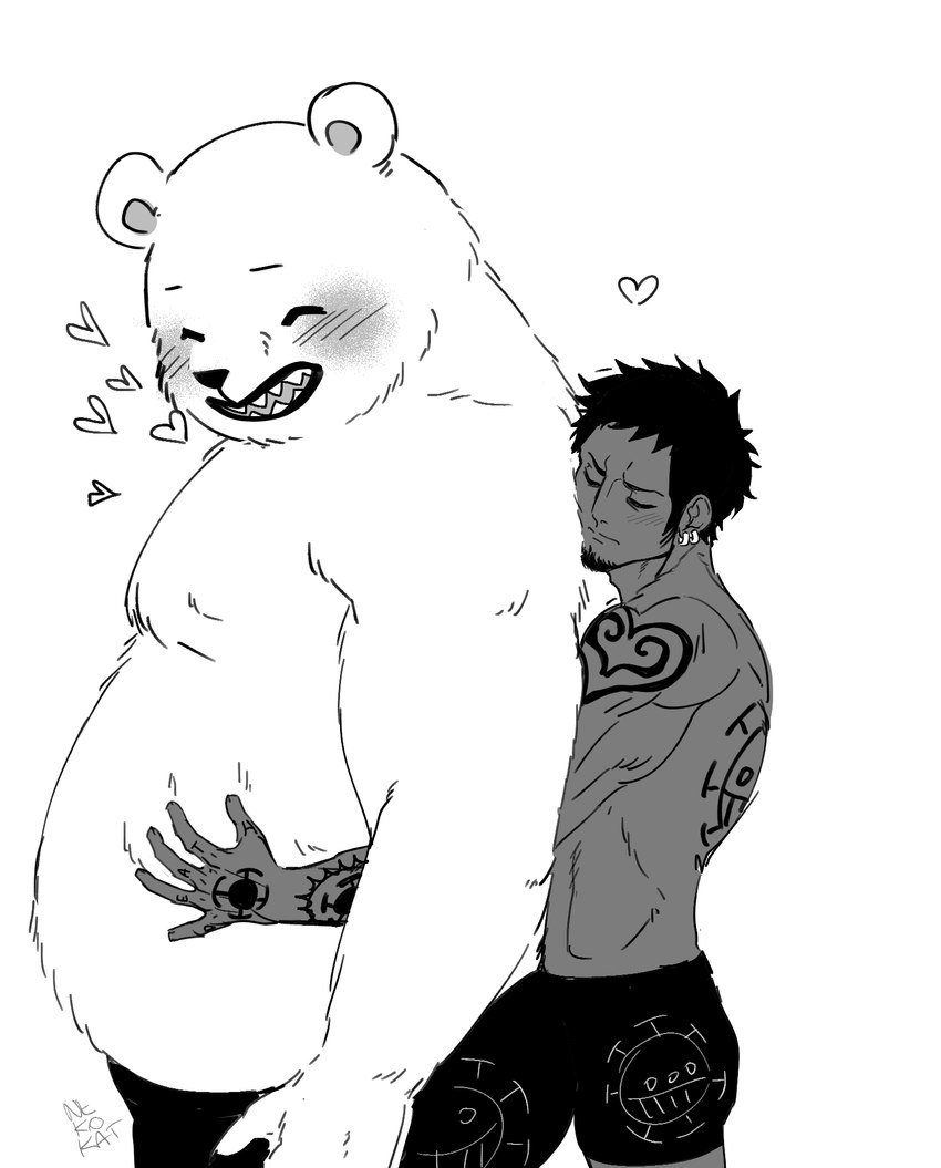 anthro belly big_belly blush clothing duo heart_symbol hug hugging_another hugging_from_behind human_on_anthro interspecies male moobs overweight overweight_male simple_background underwear white_background nekokat42 one_piece bepo_(one_piece) trafalgar_law bear human mammal minkmen_(one_piece) polar_bear ursine 2023 hi_res monochrome