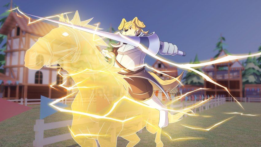 anthro electricity female feral horseback horseback_riding jousting knight lance lightning melee_weapon paladin polearm riding solo_focus warrior weapon shirokoi temptations_ballad_(visual_novel) artemi_(temptations_ballad) bird_dog canid canine canis domestic_dog equid equine golden_retriever horse hunting_dog mammal retriever 16:9 hi_res widescreen