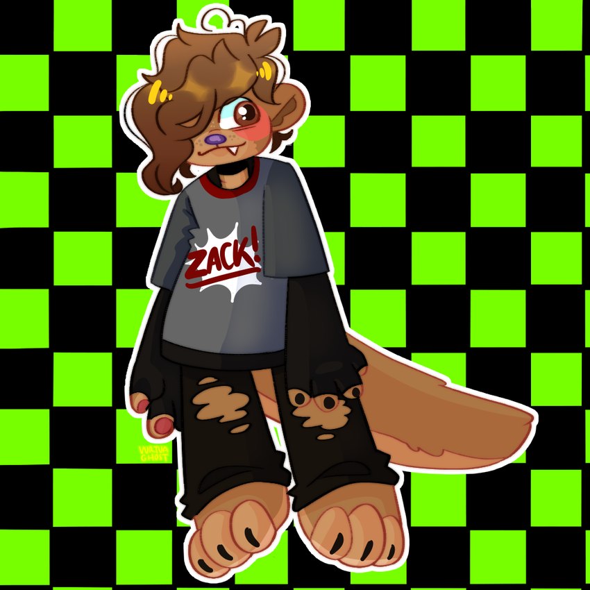 alternative_fashion ambiguous_gender anthro blush bottomwear brown_body brown_eyes brown_fur brown_hair checkered checkered_background claws clothing denim denim_bottomwear denim_clothing emo fangs feet fur hair hair_over_eye handpaw hindpaw inner_ear_fluff jeans one_eye_obstructed pants pattern_background pawpads paws round_ears shirt simple_background smile solo t-shirt tail teeth text text_on_clothing text_on_shirt text_on_topwear toe_claws topwear torn_bottomwear torn_clothing torn_jeans torn_pants tuft monstro-bites moshi_monsters zack_binspin mammal moshling 1:1