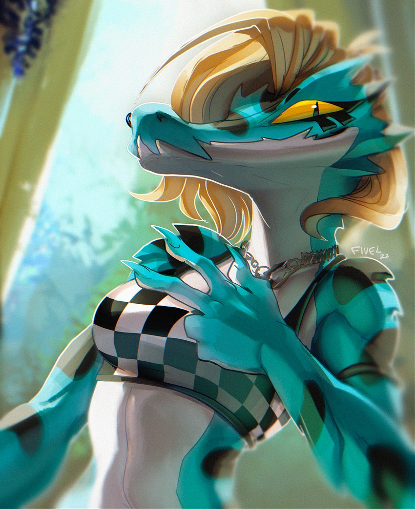 5_fingers anthro blonde_hair blue_body blue_claws blue_skin bra breasts claws clothed clothing detailed_background female finger_claws fingers hair jewelry midriff necklace non-mammal_breasts piercing pupils short_hair slit_pupils sports_bra underwear yellow_eyes fivel scampi crocodile crocodilian reptile scalie 2022 artist_name digital_media_(artwork) hi_res signature