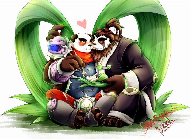 anthro black_body black_fur clothed clothing duo eating food fur heart_symbol licking male male/male overweight overweight_male sitting tongue tongue_out white_body white_fur warlocknyan blizzard_entertainment warcraft bear mammal pandaren 2014 absurd_res hi_res