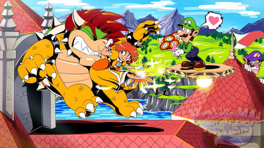 anthro battle being_watched claws clothing cloud day detailed_background facial_hair female flower footwear gloves grass group hair handwear heart_reaction heart_symbol horn looking_at_another male mountain pink_heart plant polygonal_speech_bubble speech_bubble spikes teeth tree violence water howling-madfoxhatter mario_bros nintendo super_smash_bros. bowser luigi princess_daisy waluigi human koopa mammal scalie 16:9 2018 hi_res pictographics watermark widescreen