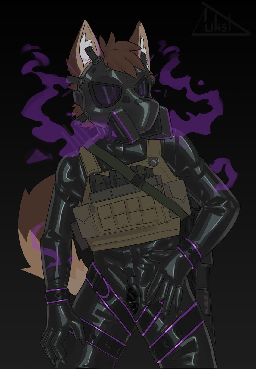 anthro clothing gas_mask latex_suit male mask open_zipper simple_background solo topwear vest lukst canid canine mammal absurd_res hi_res