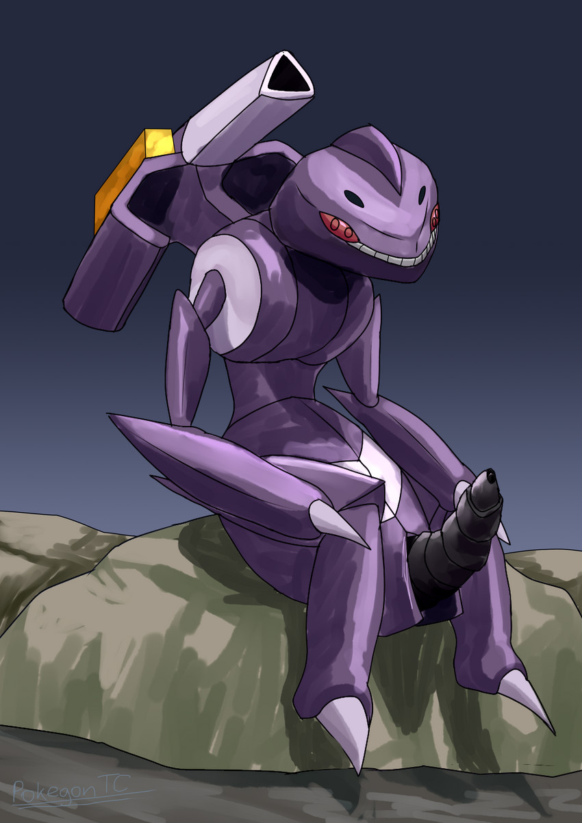 anthro back_cannon black_penis cannon claws erection genitals machine male penis purple_body ranged_weapon red_eyes rock simple_background sitting solo teeth weapon pokegontc nintendo pokemon arthropod generation_5_pokemon genesect insect legendary_pokemon pokemon_(species) robot 2020 absurd_res digital_media_(artwork) hi_res