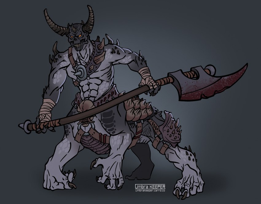 abs armor axe belt big_weapon blood blood_on_weapon bodily_fluids claws grey_body grey_skin horn male melee_weapon muscular orange_eyes sharp_teeth solo teeth thorns weapon umbra_keeper demon taur hi_res