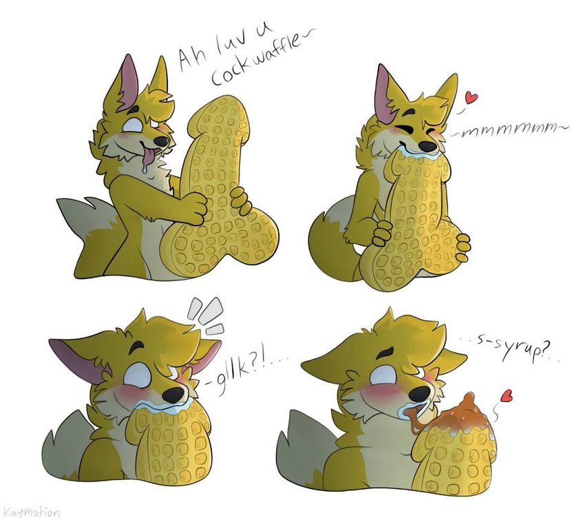 anthro bite blush confusion dipstick_tail eating eating_food food food_fetish food_play happy heart_symbol male markings no_pupils solo sound_effects surprise syrup tail tail_markings tongue tongue_out waffle kaymation cockwaffle fehn_fennec canid canine fennec_fox fox mammal true_fox meme shaded