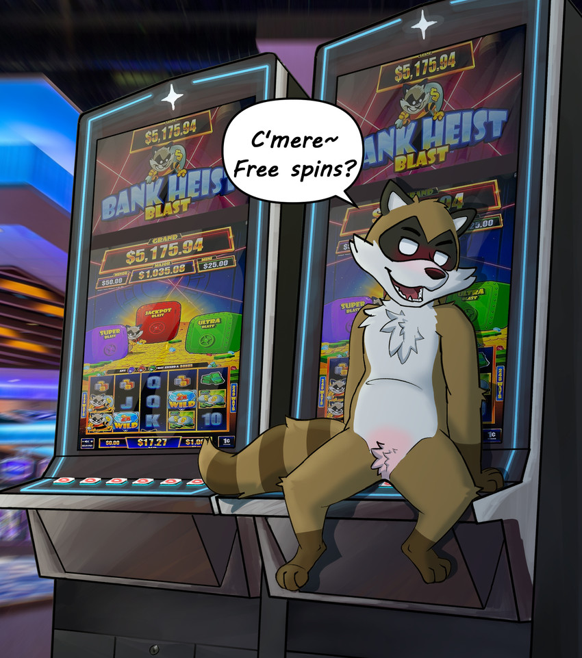 ambiguous_gender anthro brown_body brown_fur casino duo fur mascot null slot_machine solo text jonoracc international_game_technology raccoon_(bank_heist_blast) mammal procyonid raccoon hi_res
