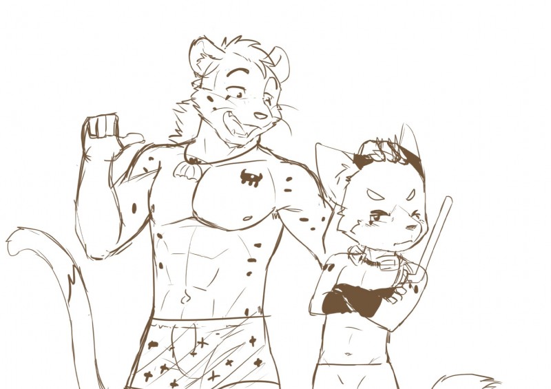 abs annoyed blush bulge clothed clothing crossed_arms duo eyewear goggles jewelry male muscular muscular_male necklace pecs snorkel swimming_goggles topless young sharparadise sharparadise_(character) canid canine felid fox mammal pantherine tiger black_and_white hi_res line_art monochrome sketch