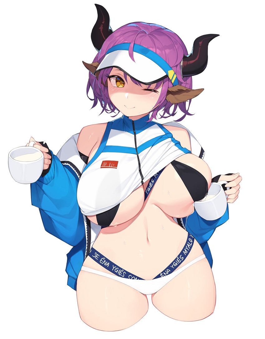 big_breasts bodily_fluids breasts clothing container cup female hair horn lactating milk one_eye_closed panties purple_hair simple_background solo underwear white_background wink yellow_eyes pepper0 arknights hypergryph studio_montagne sideroca_(arknights) animal_humanoid bovid bovid_humanoid bovine bovine_humanoid cattle_humanoid humanoid mammal mammal_humanoid 2021 hi_res