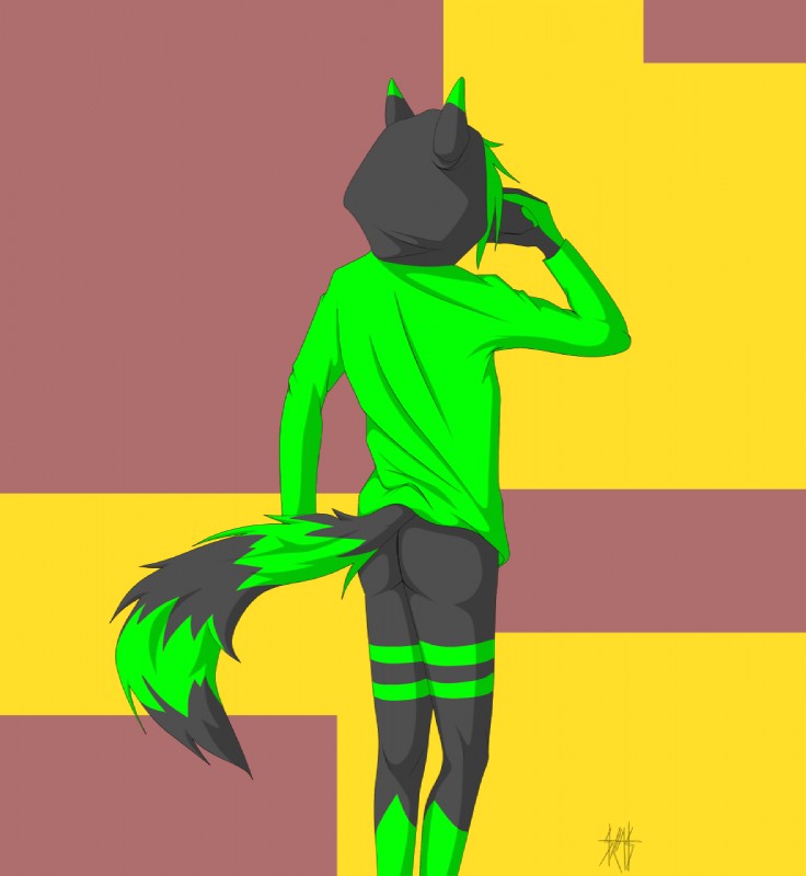 anthro black_body black_fur butt clothing fur green_body green_clothing green_fur green_hoodie green_topwear hoodie male solo topwear silas_blackwing toxus_(character) canid canine canis mammal wolf hi_res