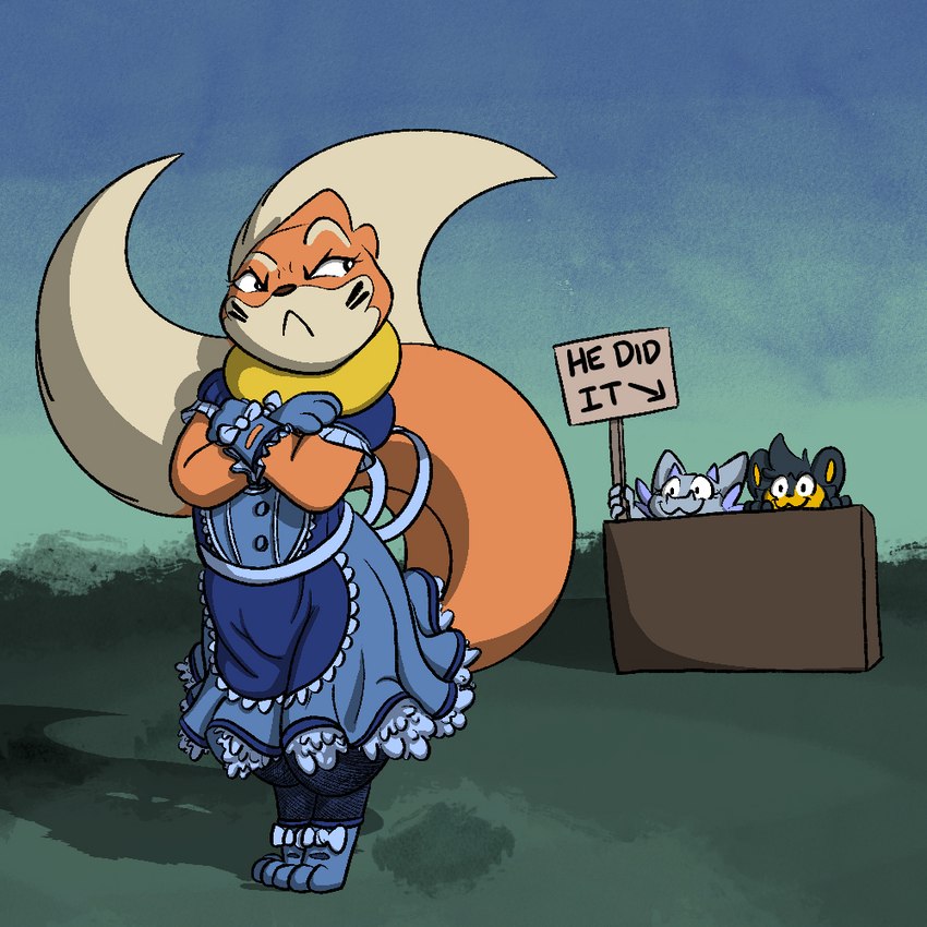 2_tails alternative_fashion ambiguous_gender angry anthro arrow_sign clothing directional_arrow female grass group j-fashion lolita_(fashion) maid_uniform multi_tail plant sign tail trio uniform dumderg dogshaming mythology nintendo pokemon cookie_(boltycookie) crystal_bloom lucky_(lucky_luxio) buizel dragon generation_4_pokemon luxio mythological_creature mythological_scalie pokemon_(species) scalie 1:1 meme