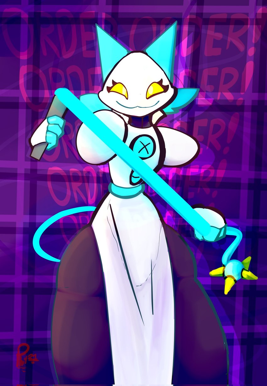 anthro clothed clothing female floating_hands holding_object holding_whip machine smile solo thick_thighs whip yellow_eyes sirphilliam deltarune undertale_(series) tasque_manager android darkner felid feline mammal robot hi_res