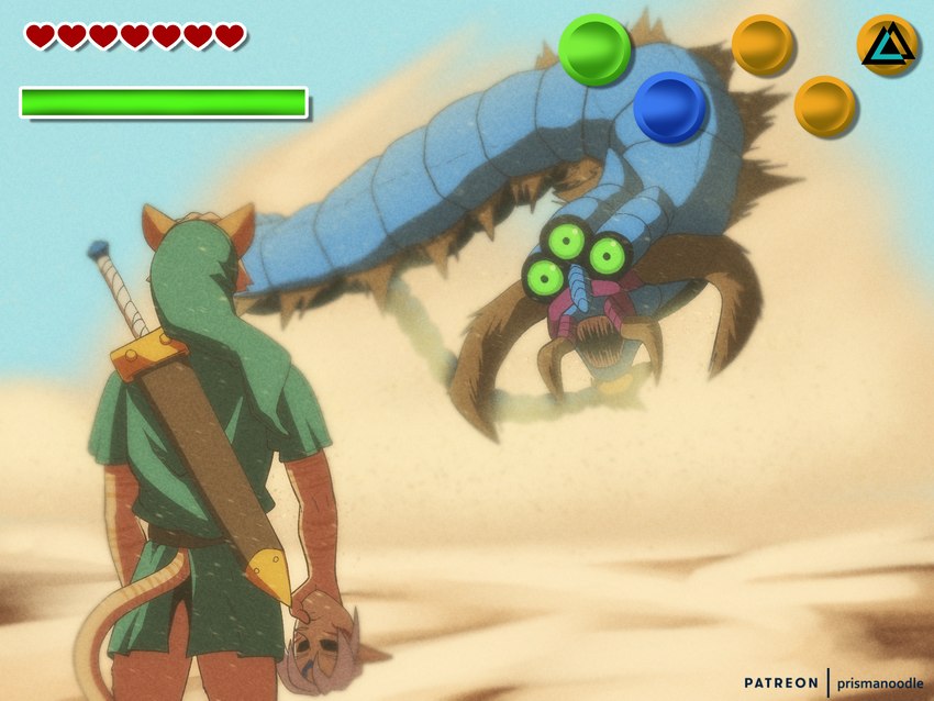 3_eyes anthro clothed clothing desert fierce_deity_mask fur gameplay_mechanics green_clothing green_shirt green_topwear green_tunic gui hair health_bar heart_symbol hud magic_bar magic_meter male mask melee_weapon multi_eye sandstorm shirt solo sword tail topwear tunic twinmold weapon prismanoodle_(artist) majora's_mask nintendo the_legend_of_zelda keaton_fox canid canine canis fox mammal monster 4:3 hi_res