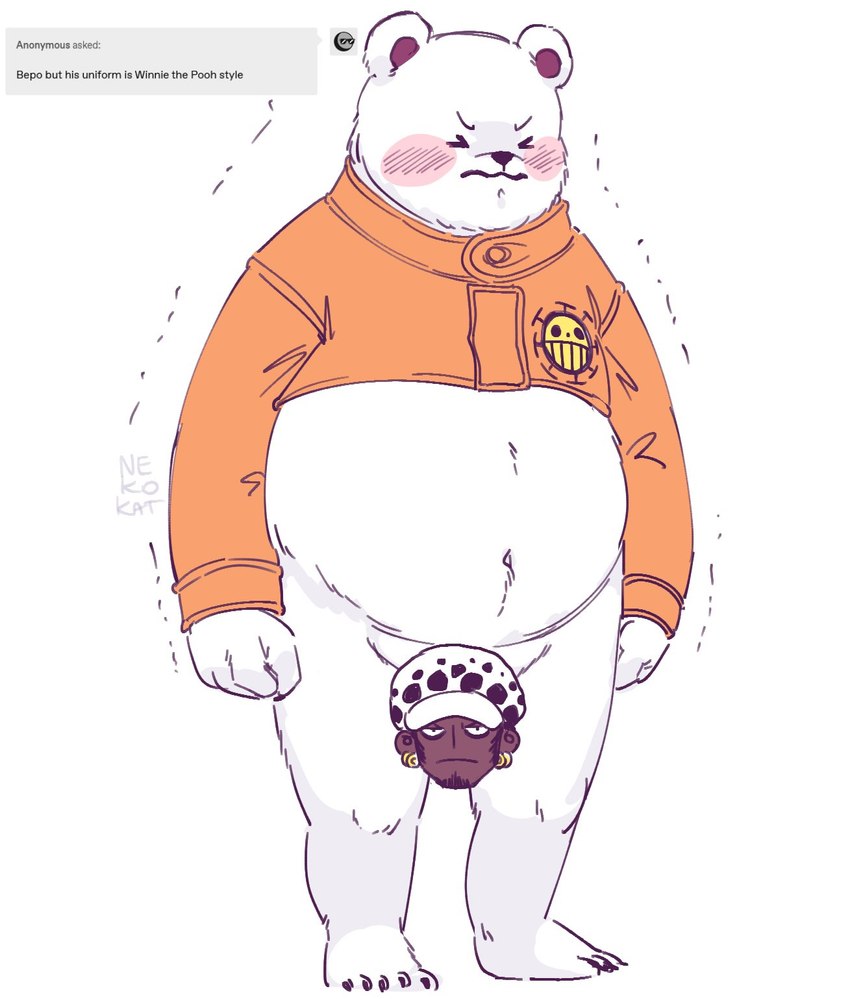 anthro belly black_nose blush eyes_closed male navel overweight overweight_male simple_background text white_body nekokat42 one_piece bepo_(one_piece) trafalgar_law bear mammal minkmen_(one_piece) polar_bear ursine 2023 censored english_text hi_res