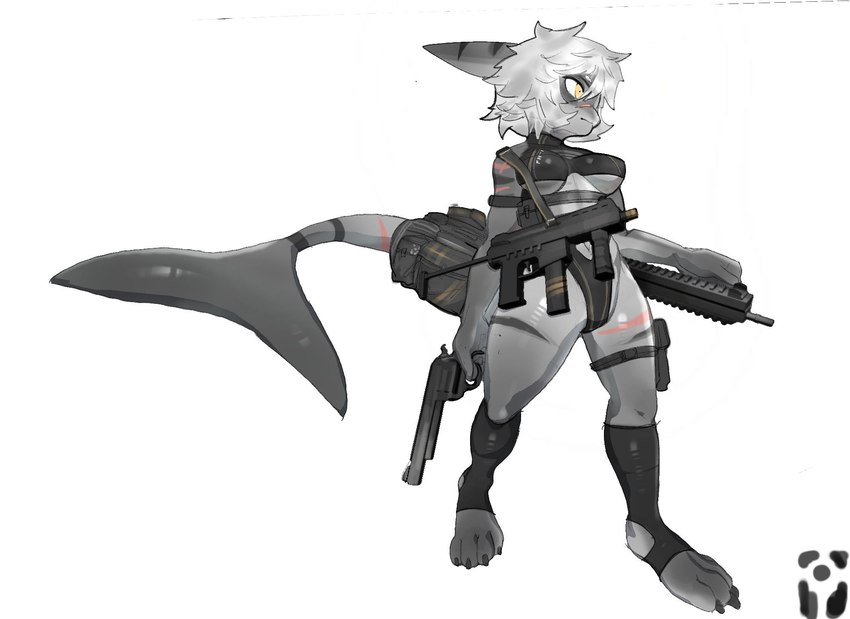 accessory anthro bag breasts female furgonomics gun handgun medium_breasts non-mammal_breasts ranged_weapon revolver simple_background solo submachine_gun tail tail_accessory tail_bag thick_thighs thigh_holster weapon white_background wide_hips dijiax fish marine shark hi_res