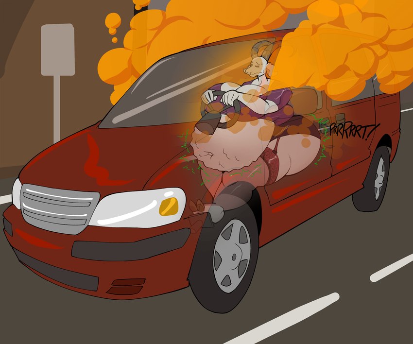 anthro belly big_belly big_breasts big_butt black_bottomwear black_clothing black_skirt bloated bodily_fluids bottomwear breasts brown_hooves brown_horn butt car clothed clothing detailed_background driving fart fart_cloud fart_fetish female fur hooves horn hyper hyper_fart inside_car inside_vehicle legwear mature_female miniskirt minivan onomatopoeia orange_eyes overweight pantyhose pink_pantyhose purple_clothing purple_topwear rumbling_stomach sagging_breasts short_tail skimpy skirt solo sound_effects sweat sweatdrop tail text thick_thighs topwear translucent vehicle white_body white_fur wide_hips worried bluepants mary_smith_(zangg) bovid caprine goat mammal 2024 6:5 comic digital_drawing_(artwork) digital_media_(artwork) hi_res sequence smaller_version_at_source story story_at_source story_in_description