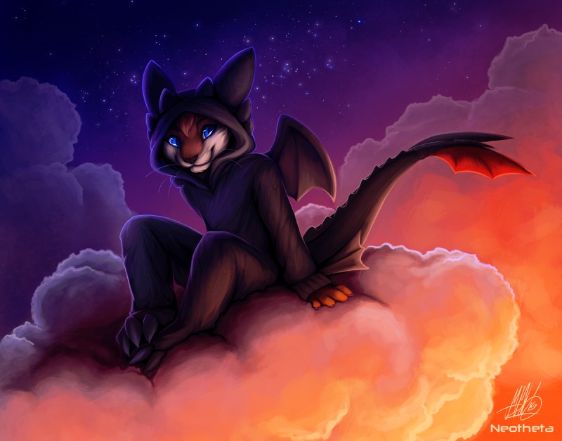 anthro blue_eyes clothed clothing cloud costume detailed_background male outside sitting_on_cloud sky smile solo star starry_sky tail neotheta dreamworks how_to_train_your_dragon fudge_the_otter mammal mustelid otter 2015 hi_res