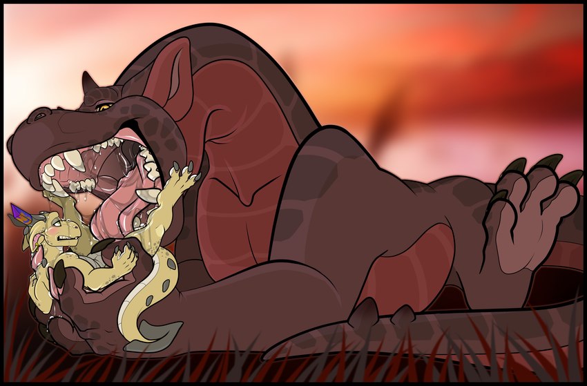 anthro anthro_on_feral bestiality blush bodily_fluids detailed_background drooling duo feral feral_pred imminent_vore larger_feral larger_male licking_crotch male male/male male_licking male_on_feral male_pred male_prey mouth_shot open_mouth oral outside pink_tongue pred_focus saliva size_difference smaller_male tail teeth thigh_lick tongue tongue_out diablito_(artist) mythology diablito karo dragon kobold mythological_creature mythological_scalie scalie wingless_dragon absurd_res hi_res