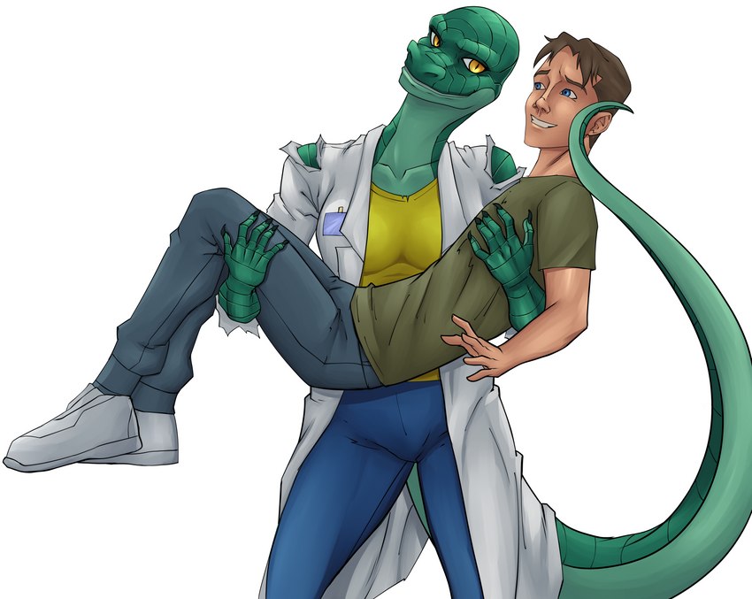 anthro breasts bridal_carry carrying_another clothed clothing duo female hair holding_partner interspecies male tail yellow_eyes xmonstergirlshideout liza_(xmonstergirlshideout) human lizard mammal reptile scalie absurd_res digital_media_(artwork) hi_res