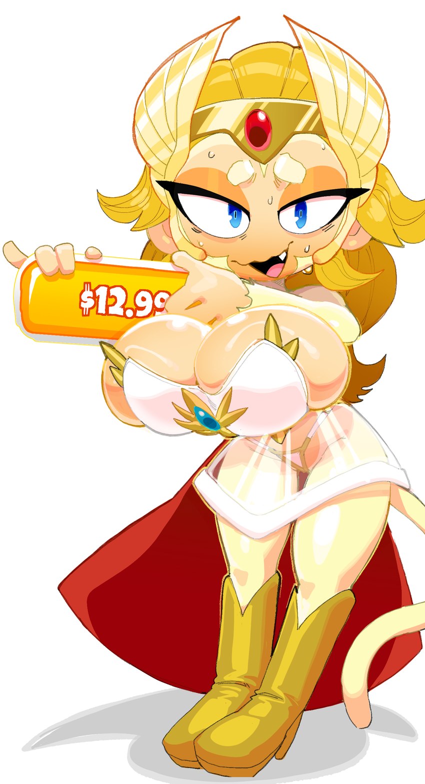 anthro big_breasts blonde_hair blue_eyes bodily_fluids boots breasts camel_toe cape cleavage cleavage_overflow clothed clothing cosplay countershading cute_fangs dress eyebrows eyelashes fangs female footwear fur hair huge_breasts long_hair long_tail looking_at_viewer narrowed_eyes nervous nervous_sweat open_mouth panties pink_tongue price price_tag pupils red_cap shoes simple_background sweat sweatdrop tail tan_body tan_countershading tan_skin teeth teeth_showing thick_eyelashes thick_thighs tongue translucent translucent_clothing translucent_dress underwear white_background white_body white_clothing white_dress white_eyebrows white_fur white_tail wide_hips yellow_boots yellow_clothing yellow_footwear goatboydraws bloons_tower_defense masters_of_the_universe mattel netflix ninja_kiwi she-ra_(copyright) she-ra_and_the_princesses_of_power adora_(bloons) she-ra_(she-ra) haplorhine mammal monkey primate absurd_res hi_res