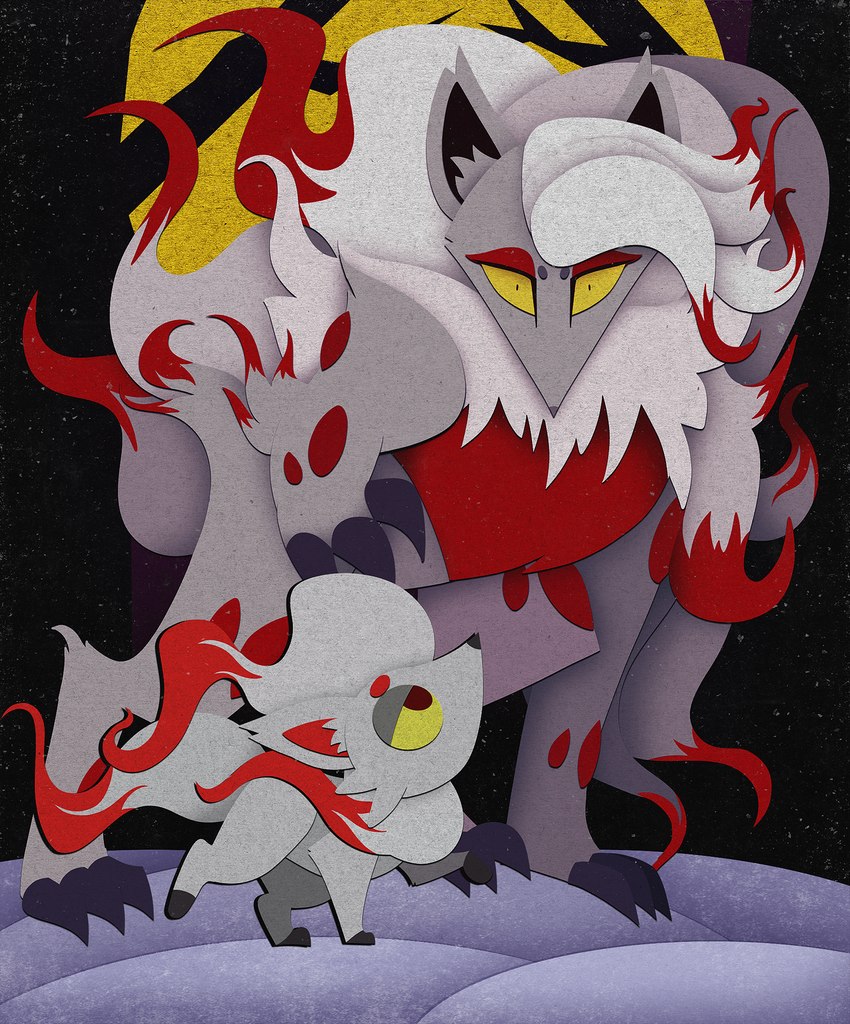 ambiguous_gender duo feral fur hair looking_at_viewer red_body red_fur simple_background white_body white_fur 0zzycat nintendo pokemon pokemon_legends_arceus canid canine generation_8_pokemon hisuian_form hisuian_zoroark hisuian_zorua mammal pokemon_(species) regional_form_(pokemon) hi_res