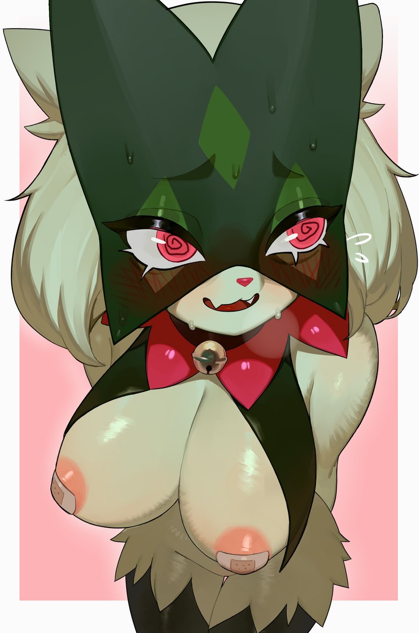 anthro areola bell bell_collar big_breasts blush bodily_fluids breasts collar covered_nipples cute_fangs dizzy_eyes fangs female female_anthro fur green_body green_fur green_hair hair hands_behind_back high-angle_view kemono looking_away nipple_tape open_mouth pasties pink_areola pink_nose pseudo_clothing pseudo_thigh_highs red_eyes shy simple_background solo spiral_eyes sweat tape teeth wide_hips yawar nintendo pokemon felid feline generation_9_pokemon mammal meowscarada pokemon_(species) 2023 absurd_res hi_res