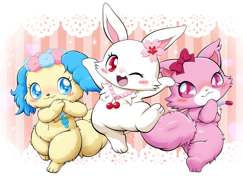 accessory anthro belly black_nose blue_eyes blue_hair blush bow_ribbon breasts butt cherry chibi clasped_hands female floppy_ears flower flower_crown flower_in_hair fluffy fluffy_tail food front_view fruit fur g_clef gem group hair hair_accessory hair_bow hair_ribbon hand_on_face jewelry jumping lace looking_at_viewer looking_back mouth_closed musical_clef musical_symbol necklace one_eye_closed open_mouth pattern_background paws pearl_(gem) pearl_necklace pink_nose plant rabbit_ears rear_view red_eyes ribbons semi-anthro simple_background slightly_chubby slightly_chubby_anthro slightly_chubby_female small_breasts symbol tail thick_thighs tongue trio white_body white_fur wide_hips wink winking_at_viewer yellow_body yellow_fur ten_nekosupi jewelpet sanrio sega sega_fave garnet_(jewelpet) ruby_(jewelpet) sapphie_(jewelpet) bird_dog canid canine canis cavalier_king_charles_spaniel domestic_cat domestic_dog felid feline felis hare hunting_dog japanese_hare lagomorph leporid mammal persian_cat spaniel toy_dog 2023 hi_res