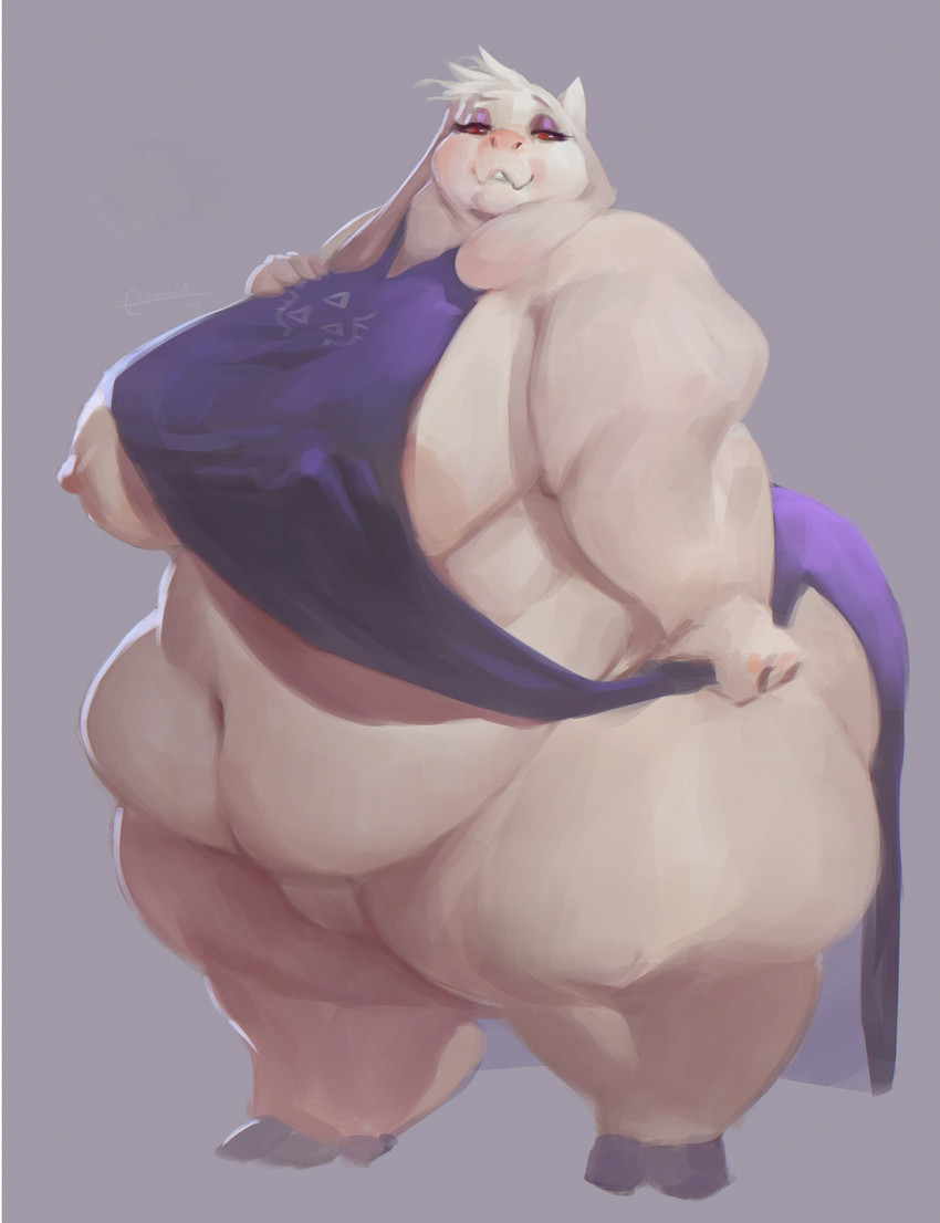 anthro areola bedroom_eyes belly big_belly big_breasts breasts butt delta_rune_(emblem) female floppy_ears fur hooves horn huge_breasts huge_thighs looking_at_viewer mature_anthro mature_female morbidly_obese morbidly_obese_anthro morbidly_obese_female narrowed_eyes navel nipples obese obese_anthro obese_female overweight overweight_anthro overweight_female seductive simple_background solo symbol thick_thighs white_body white_fur wide_hips emberwick undertale undertale_(series) toriel boss_monster_(undertale) bovid caprine mammal absurd_res hi_res