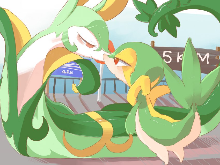 ambiguous_gender background_signs biped duo feral glistening glistening_eyes green_body leaf leaf_tail nose_to_nose red_eyes tail white_body azre nintendo pokemon generation_5_pokemon pokemon_(species) serperior snivy 4:3 hi_res signature