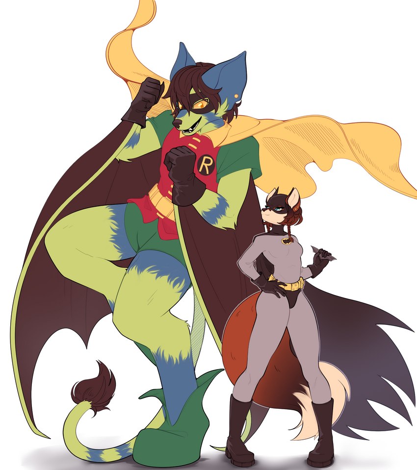 anthro clothed clothing duo female fur hair male membrane_(anatomy) membranous_wings simple_background smile tail wings kan_art batman_(series) dc_comics abraham_ambourage batman robin_(dc) bat canid canine fox human mammal digital_media_(artwork) hi_res