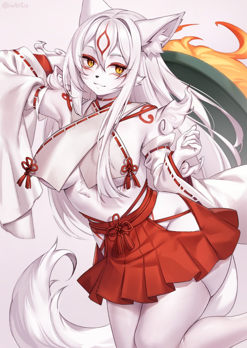 anthro anthrofied asian_clothing bottomwear breasts clothed clothing east_asian_clothing female fur fur_markings hair hand_behind_head japanese_clothing markings red_markings skirt solo white_body white_fur white_hair yellow_eyes iwbitu capcom clover_studio okami_(capcom) amaterasu_(okami) canid canine canis mammal wolf 2023 hi_res