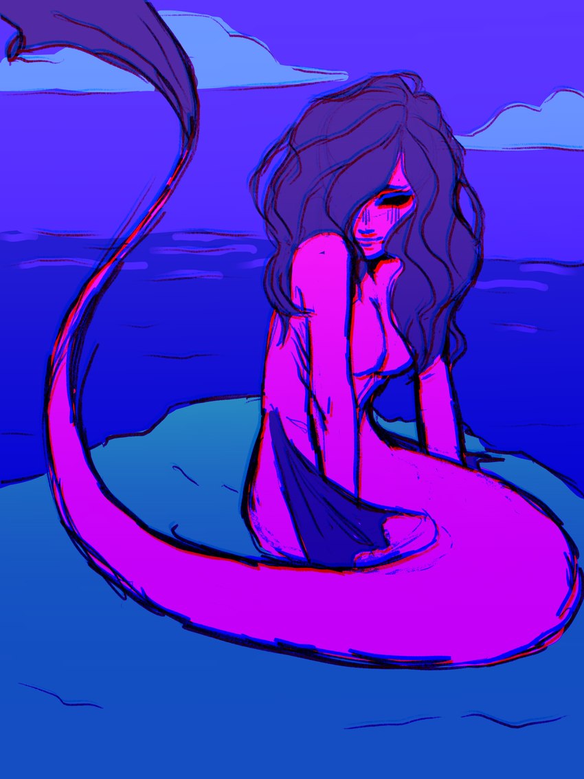 black_eyes black_sclera blush blush_lines breasts emaciated eyebrows featureless_breasts female fin gills hair hair_over_eye long_hair looking_at_viewer no_irises nude one_eye_obstructed pink_body pink_skin purple_fin purple_hair ribs rock sea sitting skinny smile smiling_at_viewer solo split_form tail tail_fin torso_gills water dreamscreep mermay animal_humanoid fish fish_humanoid humanoid marine marine_humanoid merfolk absurd_res colored_sketch hi_res sketch