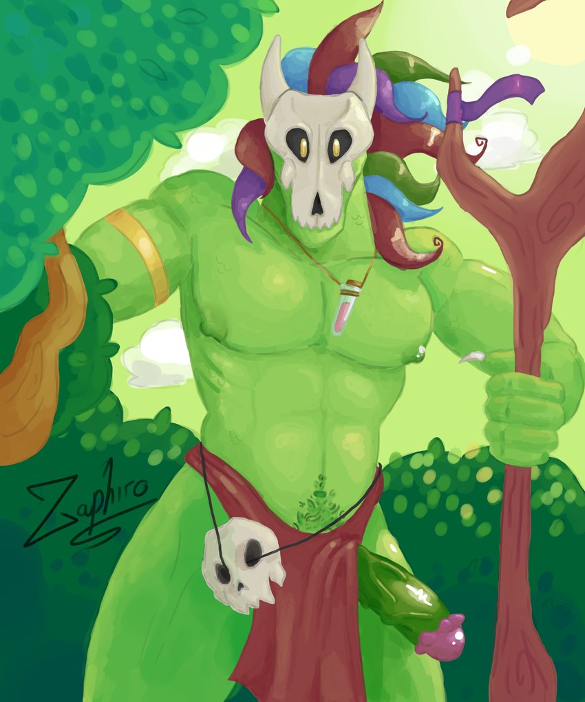 5_fingers anthro body_hair bone bone_mask bottomwear clothed clothing fingers genitals glans green_body green_nipples green_penis green_scales happy_trail holding_object holding_staff humanoid_genitalia humanoid_penis loincloth looking_at_viewer male mask navel nipples non-mammal_hair non-mammal_navel non-mammal_nipples outside peeking_penis penis pink_glans pubes scales skull skull_mask solo staff topless topless_anthro topless_male zaphiroblue terraria witch_doctor_(terraria) lihzahrd scalie 5:6 absurd_res digital_drawing_(artwork) digital_media_(artwork) hi_res shaded signature soft_shading