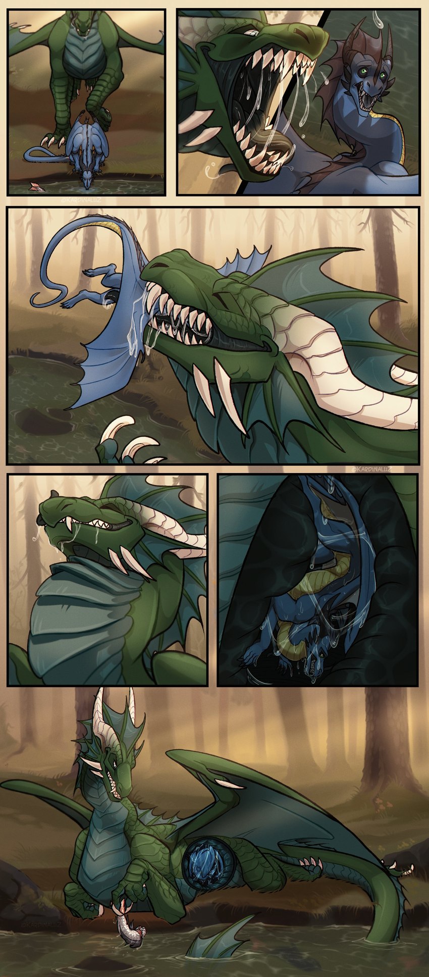 black_frill black_sclera black_tongue blue_body blue_eyes blue_scales blue_wings bodily_fluids claws duo eyes_closed fangs feral feral_on_feral feral_pred feral_prey frill_(anatomy) frill_ridge fully_inside glistening glistening_eyes grass green_body green_eyes green_scales grey_body grey_scales head_crest head_frill internal lying male membrane_(anatomy) membranous_wings on_front open_mouth oral_vore outside partially_inside plant rock saliva saliva_on_chin saliva_on_wings saliva_string scales scared sharp_teeth teeth tongue tree vore water wing_claws wings yellow_body yellow_scales kardinaluz mythology dragon fish marine mythological_creature mythological_scalie scalie absurd_res digital_media_(artwork) hi_res