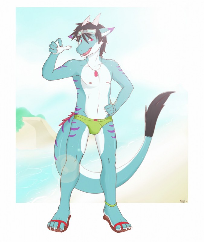 4_toes 5_fingers anthro beach biped bulge clothed clothing cloud day feet fingers footwear hand_on_hip male outside sandals seaside shoes skimpy sky smile solo speedo standing swimwear tail tail_tuft toes topless tuft ryukidragon_(artist) mythology ryukidragon dragon mythological_creature mythological_scalie scalie 2014 hi_res