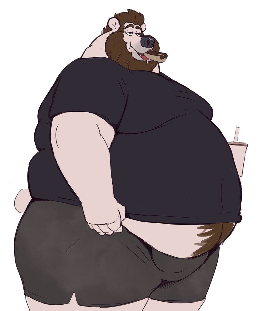 anthro beard bodily_fluids bulge drooling eating eating_food facial_hair fatpad fupa hair hairy male moobs morbidly_obese obese overhang overweight overweight_male saliva saliva_string solo weight_gain tcw tcw_(character) bear mammal polar_bear ursine absurd_res hi_res