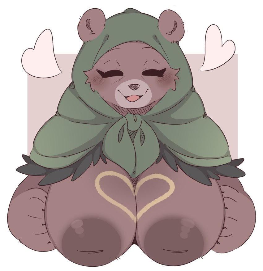 anthro areola biped blush breasts brown_body brown_fur female front_view fur heart_symbol hood inverted_nipples nipples open_mouth simple_background smile solo anotherbearsimp mama_mellow_(anotherbearsimp) bear mammal hi_res