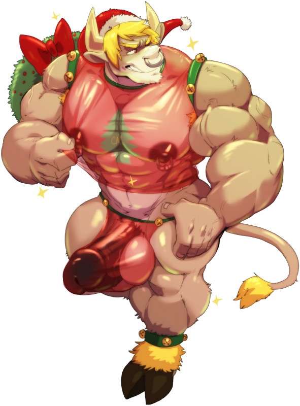 5_fingers abs anthro balls biceps big_balls big_muscles big_penis blonde_hair christmas_clothing christmas_headwear clothed clothing cloven_hooves erection facial_piercing fingers fur genitals hair hat headgear headwear holidays hooves horn huge_balls huge_muscles huge_penis male muscular muscular_anthro muscular_arms muscular_male muscular_thighs nipple_piercing nipples nose_piercing nose_ring pecs penis piercing red_eyes ring_piercing santa_hat shirt simple_background solo sparkles standing tan_body tan_fur tank_top thong topwear translucent translucent_clothing underwear vein veiny_muscles white_background cursedmarked christmas zato bovid bovine cattle mammal 2019 absurd_res hi_res