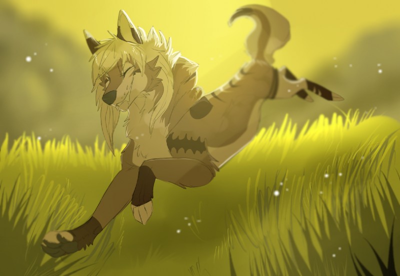 ambiguous_gender black_nose blonde_hair day detailed_background feral grass hair outside plant sky smile solo poisoned_(artist) canid canine canis domestic_dog mammal digital_media_(artwork)