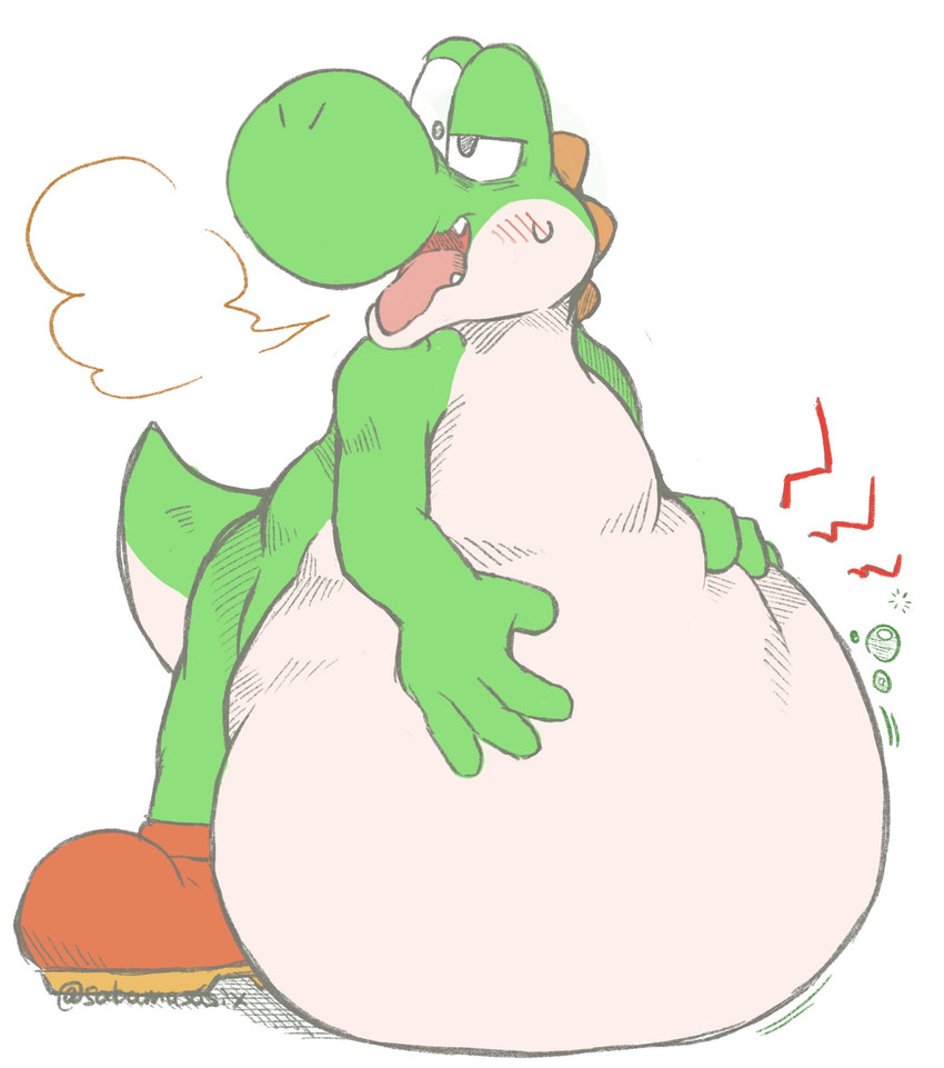 4_fingers ambiguous_anthro ambiguous_gender ambiguous_pred anthro anthro_pred belly belly_on_ground big_belly big_nose biped bloated blush blush_lines bubble burp_cloud burping cheek_blush clothing countershade_body countershade_tail countershade_torso countershading cute_fangs fangs fingers footwear footwear_only fully_inside green_arms green_body green_face green_hands green_legs green_tail hand_on_belly hand_on_own_belly head_ridge huge_belly humanoid_hands monotone_arms monotone_background monotone_belly monotone_hands monotone_legs mostly_nude mostly_nude_ambiguous mostly_nude_anthro one_eye_half-closed open_mouth oral_vore orange_clothing orange_footwear orange_shoes pink_tongue round_nose rumbling_stomach same_size_vore satisfied_look semi-anthro shoes shoes_only simple_background soft_vore solo standing tail tapering_tail teeth tongue two_tone_face two_tone_tail unseen_prey vore white_background white_belly white_body white_countershading white_face white_tail sabamiso_(sabamasasix) mario_bros nintendo dinosaur green_yoshi prehistoric_species reptile scalie yoshi 2024 digital_drawing_(artwork) digital_media_(artwork) english_description full-length_portrait hi_res japanese_description portrait