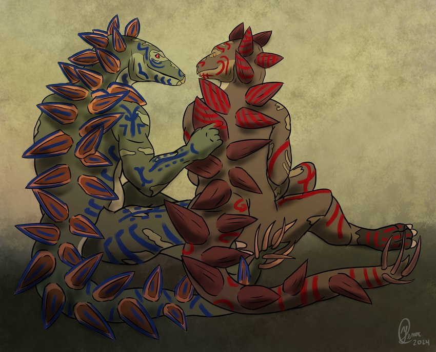 anthro bodypaint duo female fingers male male/female markings plated_scales prompt rear_view scales simple_background sitting spiked_tail spikes spikes_(anatomy) tail tribal tribal_markings yenocwolf secrets_of_uncrom uncrom arade dinosaur ornithischian prehistoric_species reptile scalie stegosaurian stegosaurus thyreophoran 2024 absurd_res digital_media_(artwork) hi_res