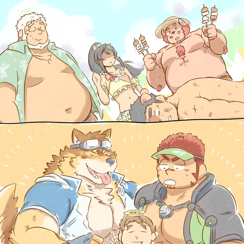 anthro belly body_hair chest_hair clothing countershading eyewear female food goggles group hat headgear headwear holding_food holding_object horn male muscular muscular_anthro muscular_male navel overweight pecs skewer swimwear tongue tongue_out visor_cap mtmnkmn125 lifewonders live_a_hero tokyo_afterschool_summoners akashi_(live_a_hero) barrel_(live_a_hero) chernobog_(tas) ded_(tas) jock_protagonist_(tas) male_operator protagonist_(live_a_hero) protagonist_(tas) suzuka_(tas) canid canine canis demon human mammal wolf 1:1 hi_res