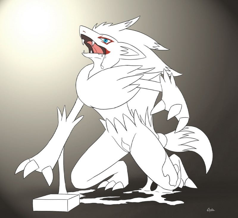 anthro blue_eyes bodily_fluids claws clothing drooling fangs feet female fur genitals hindpaw latex latex_clothing latex_skinsuit open_mouth paws plantigrade pussy rubber_clothing saliva simple_background skinsuit solo teeth tight_clothing toe_claws tongue tongue_out transformation audie-gryph nintendo pokemon canid canine generation_5_pokemon goo_creature human mammal pokemon_(species) zoroark sketch