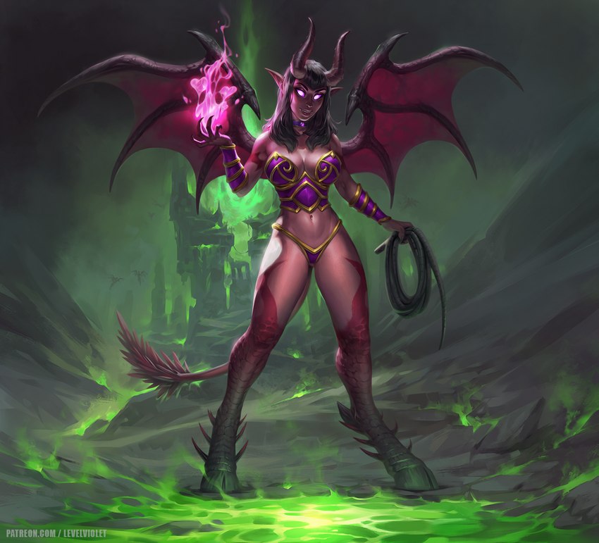 5_fingers armor breasts cleavage clothed clothing cloven_hooves collar detailed_background female fingers glowing glowing_eyes hooves horn humanoid_pointy_ears jewelry magic magic_user membrane_(anatomy) membranous_wings pointy_ears solo unconvincing_armor wings levelviolet blizzard_entertainment warcraft demon sayaad succubus_(warcraft) 2022 digital_media_(artwork)