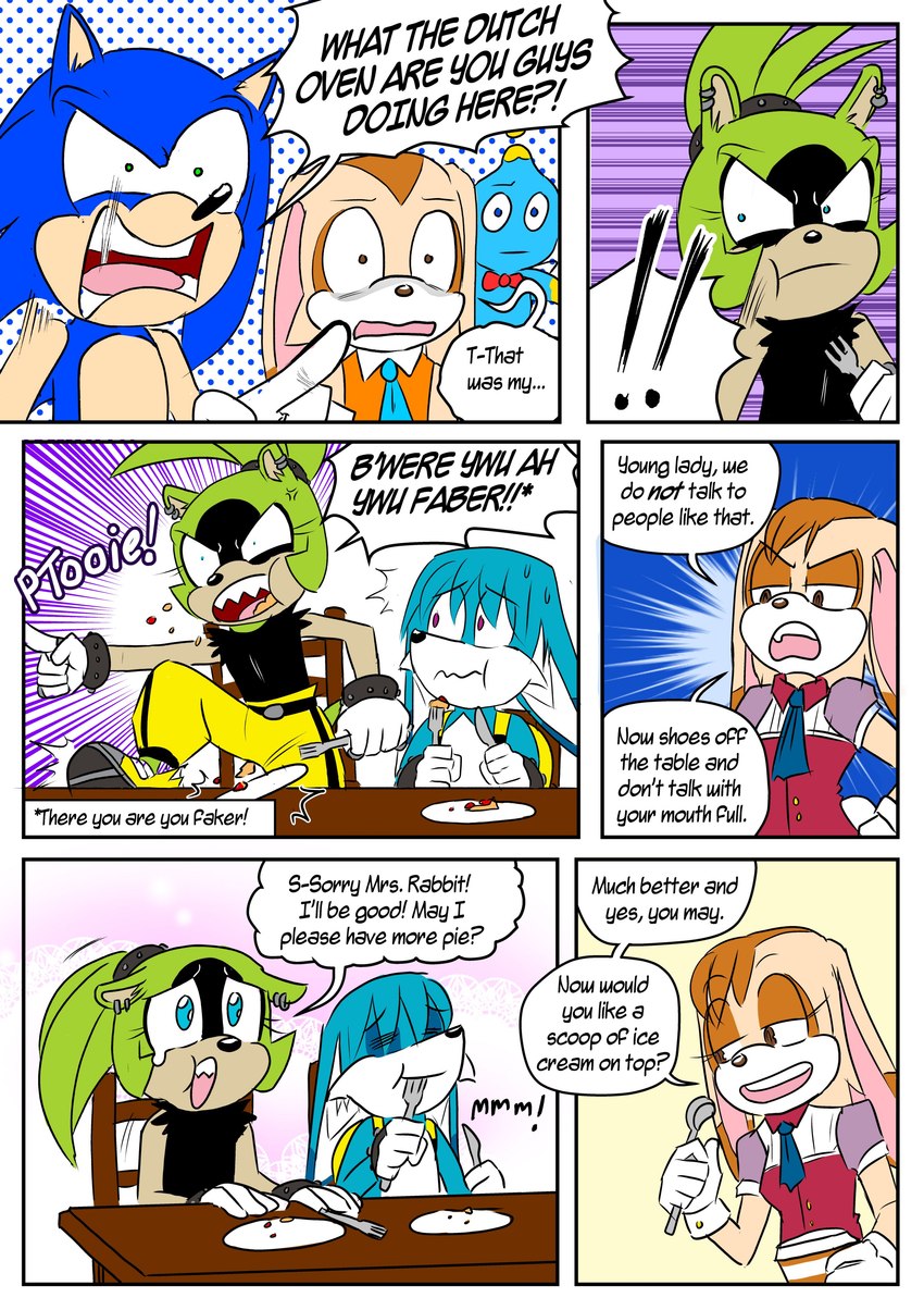 kitsunami the fennec, sonic the hedgehog, vanilla the rabbit, cream the rabbit, surge the tenrec, and etc (sonic the hedgehog (comics) and etc) created by konnichibot