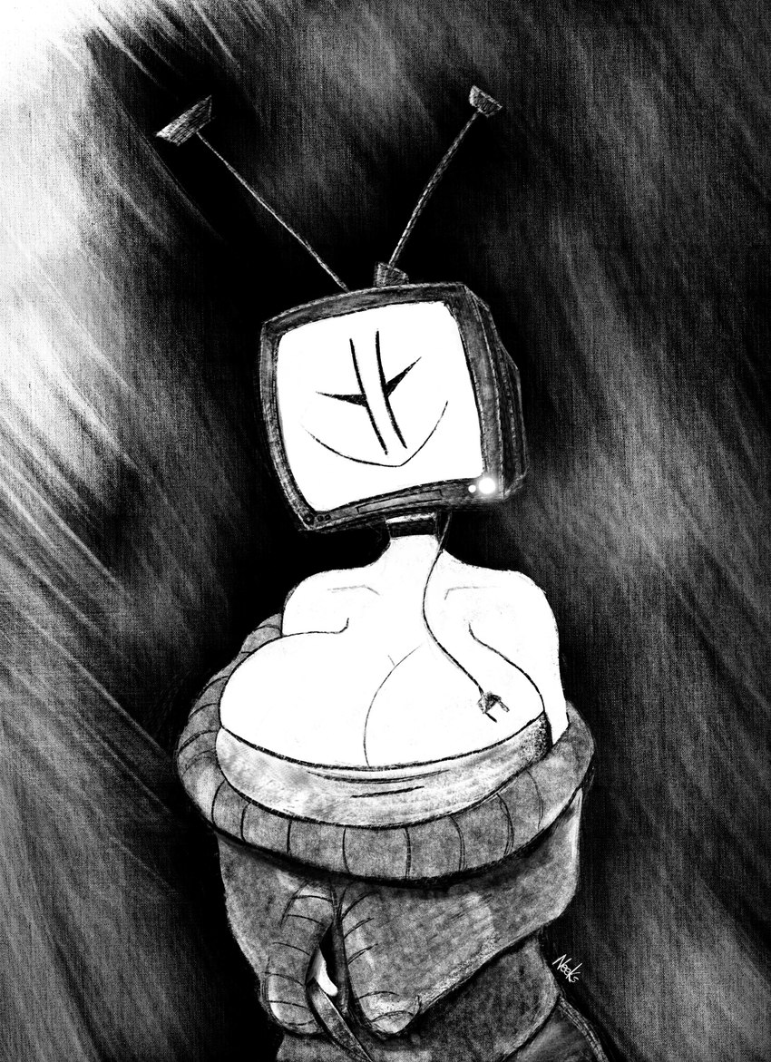 :> abstract_background big_breasts bottomwear breasts choker cleavage clothed clothing curvy_figure electronics eyelashes female for_a_head fully_clothed happy holding_knife holding_object hourglass_figure huge_breasts jewelry knife looking_at_viewer necklace not_furry off_shoulder plug screen screen_face simple_eyes solo standing sweater television three-quarter_view topwear tube_top wide_hips ultraneeks cc-by-nc-nd creative_commons tabitha_(ultraneeks) humanoid object_head screen_head tv_head absurd_res digital_drawing_(artwork) digital_media_(artwork) greyscale half-length_portrait hi_res monochrome portrait signature