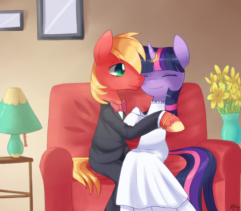 anthro anthrofied blonde_hair bow_(feature) bow_tie clothing dress duo eyes_closed female fur furniture gold_(metal) green_eyes hair horn hug lamp male married multicolored_hair plant purple_body purple_fur purple_hair ring romantic romantic_couple sofa tail two_tone_hair wedding_dress bukoya friendship_is_magic hasbro my_little_pony mythology big_macintosh_(mlp) twilight_sparkle_(mlp) earth_pony equid equine horse mammal mythological_creature mythological_equine pony unicorn 2013 hi_res